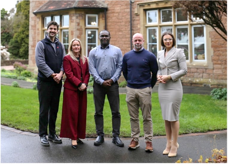 Pictured left to right: Alex Chew, Business Development Manager and Tula Welsh, Sales Manager (both Hills Waste Solutions). Enock Ebbah, Sustainability Manager; Rich Crocker, CEO & Alexandra Grozea, Marketing Manager (all Bristol Care Homes) at Bristol Care Homes’ Glebe House site in Almondsbury.