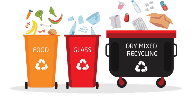 Recycling Bins Graphic for Food, Glass & Dry Mixed Recycling