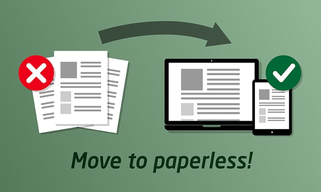 Illustration depicting paper with a red cross with an arrow directed to a computer and tablet displaying a green cross to represent the transition from traditional paper-based methods to digital solutions.